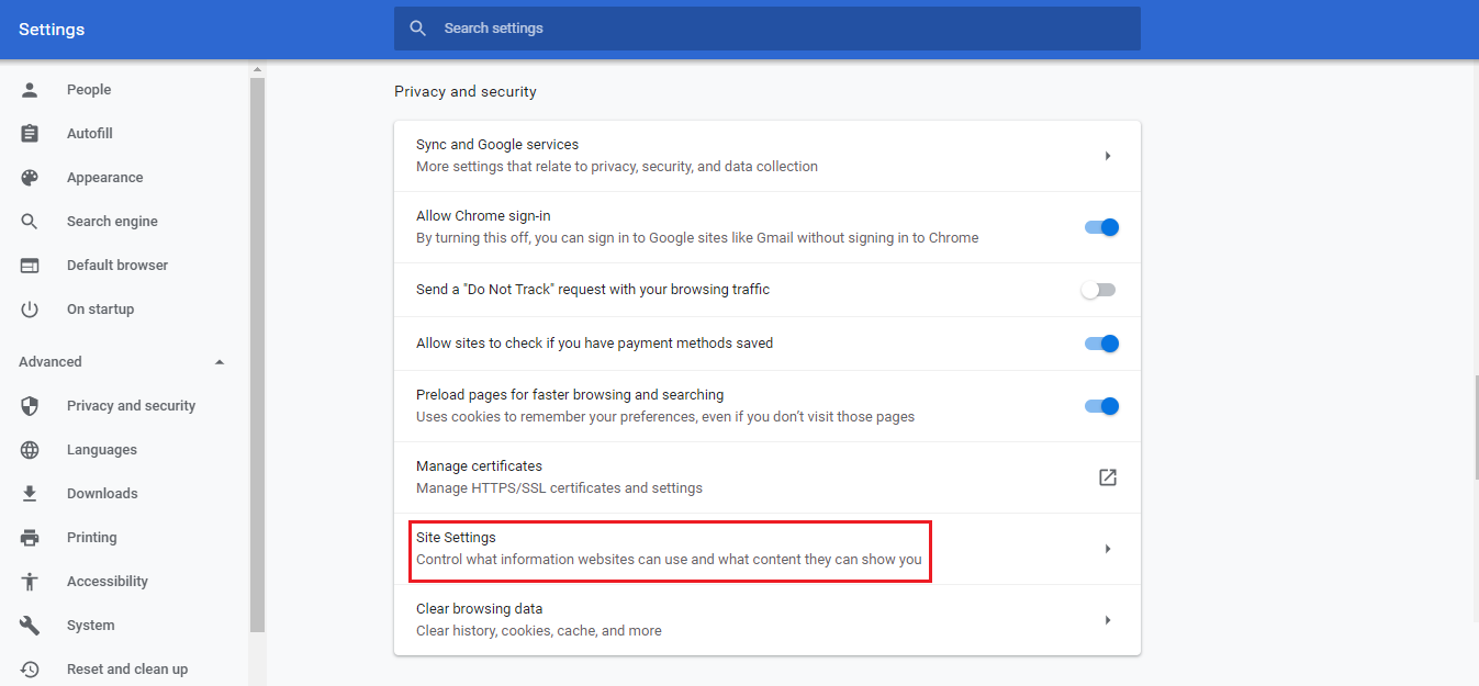 chrome site settings