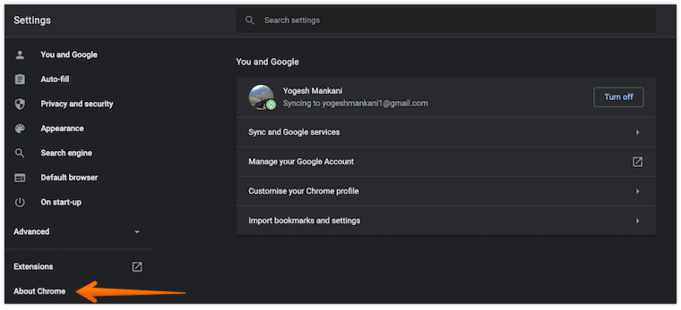 Click on About Chrome