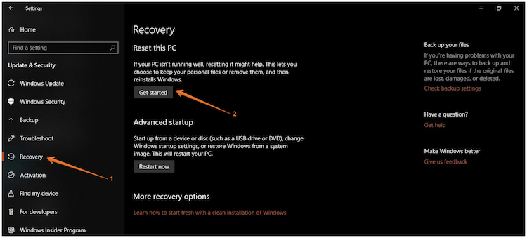 Click on Recovery