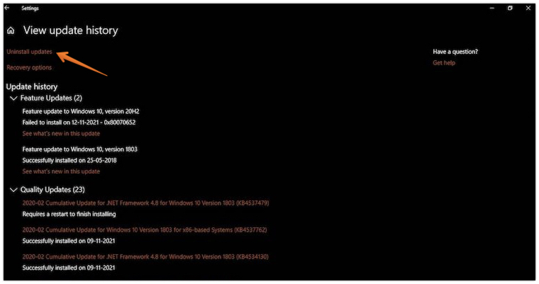 Click on Uninstall Updates