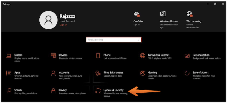 Choose Update and Security