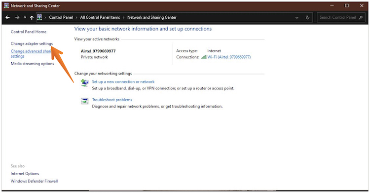 Click on Change Adapter Settings