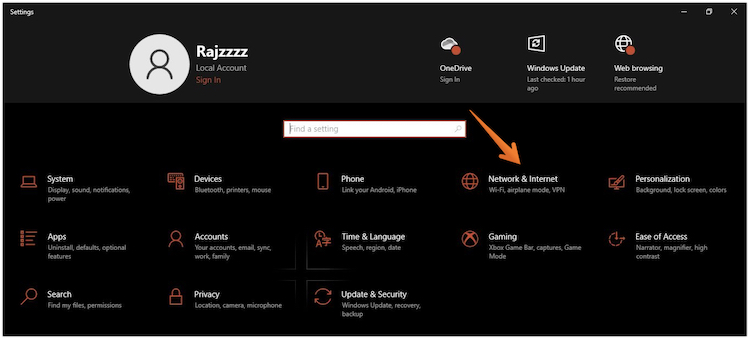 Click on Network and Internet