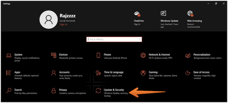 Click on Update and Security