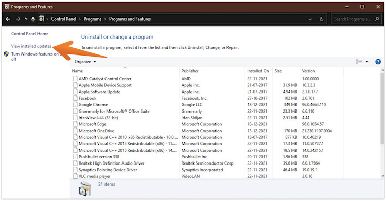 Click on View Installed Updates