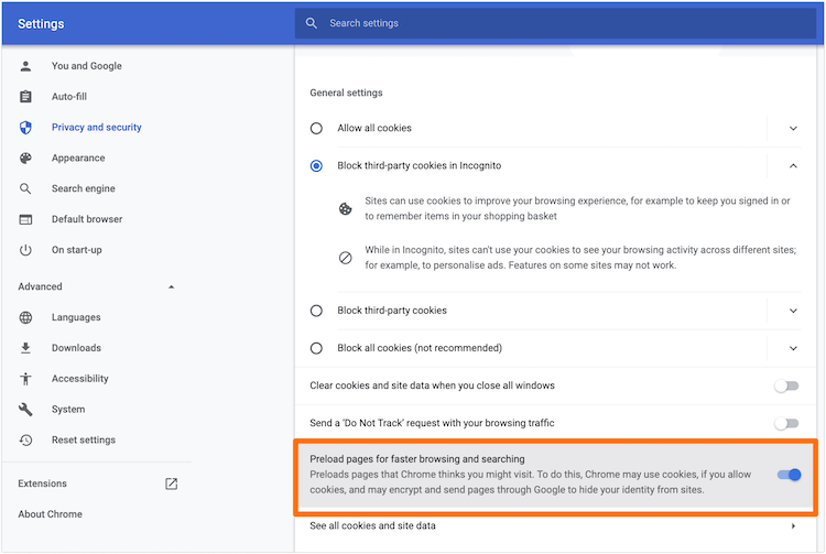 Disable the Preload Toggle