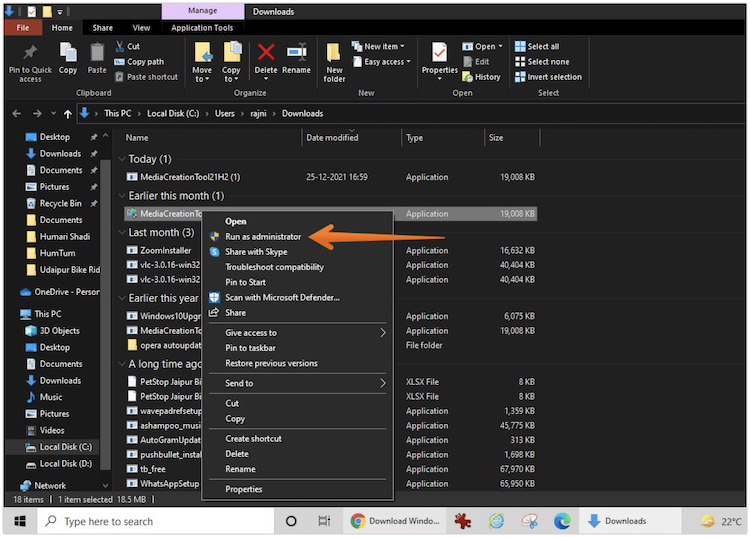 Run Media Creation Tool as an Administrator