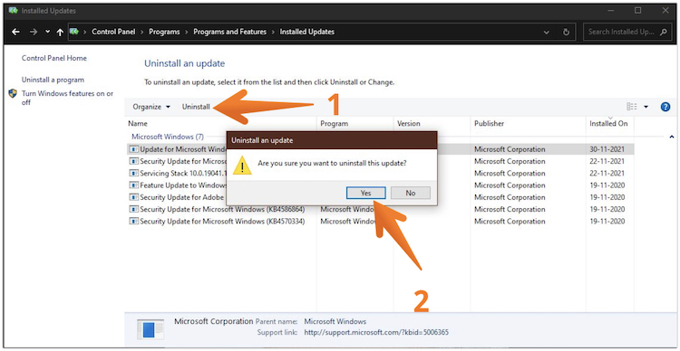 Select Yes to Uninstall