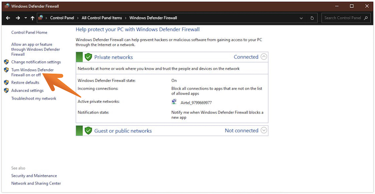 Turn Windows Defender Firewall On or Off