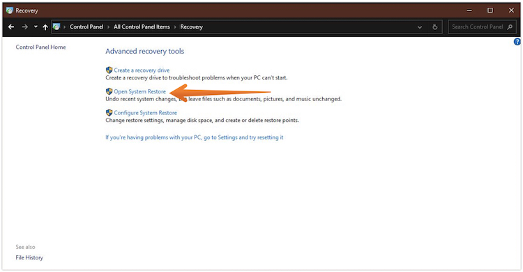 Click on Open System Restore