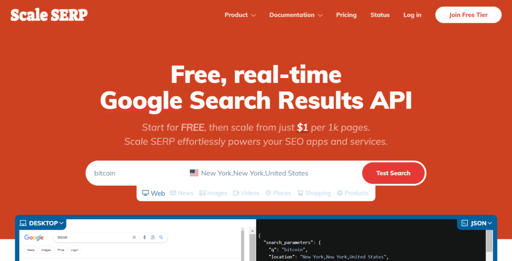 home page of the scale serp api